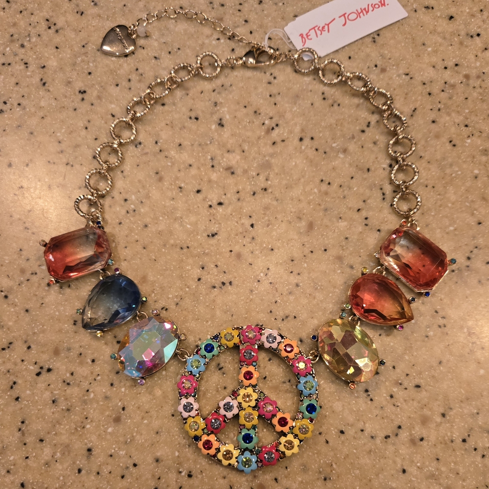 NWT Betsey Johnson Multicolor Gem Peace Sign Flower Rhinestone Necklace